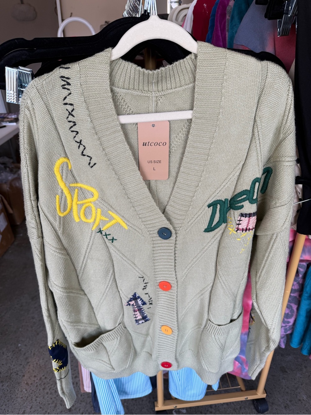 Women's Light Green Embroidered Button Cardigan Sweater